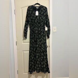 3X Elegant Black and Green Floral Long Sleeve Dress